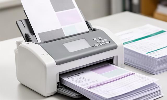 Fast duplex document scanner processing a neat stack of invoices in a small office
