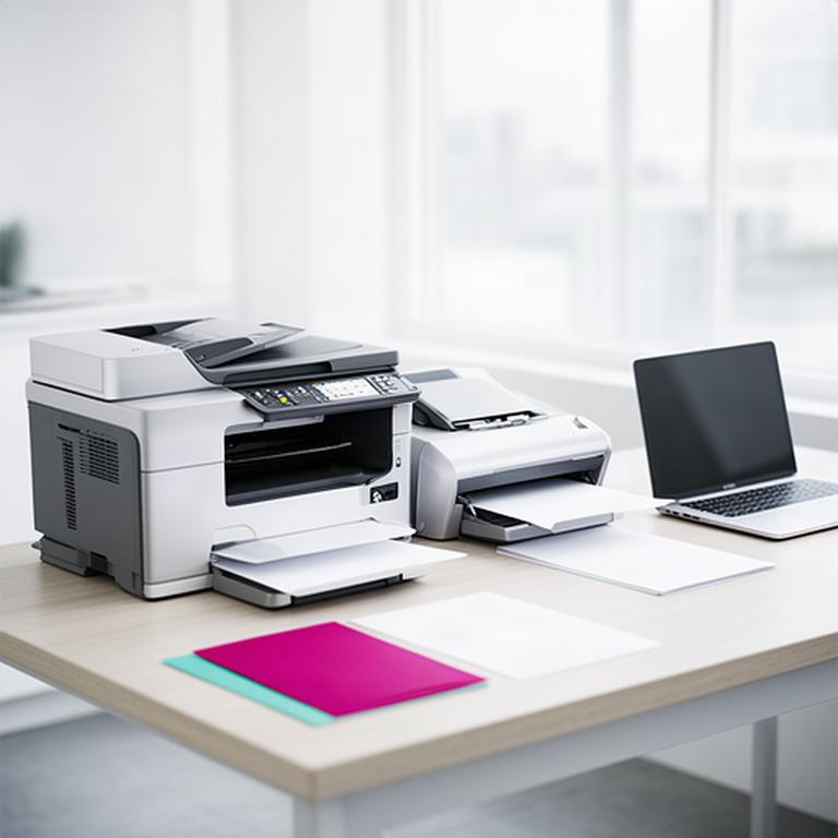 Modern office printer, business laptop, and document scanner arranged on a bright work desk