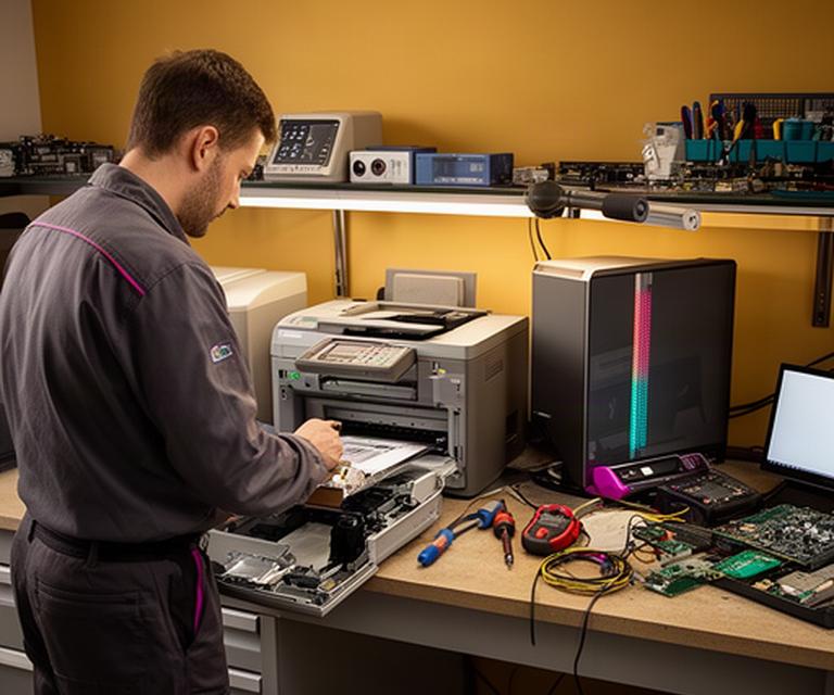 Service technician testing office printer and computer equipment at a workbench