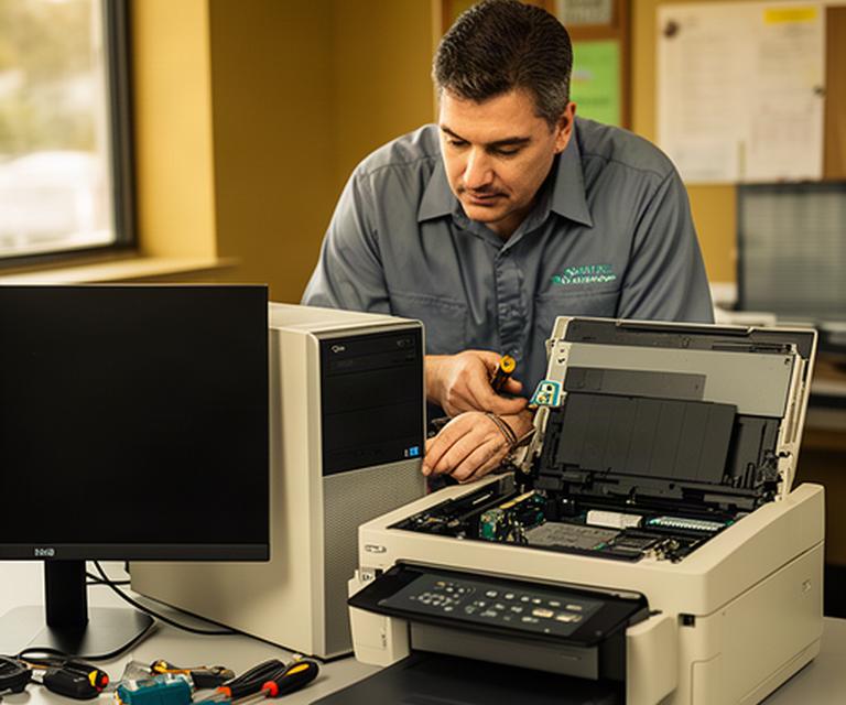 IT service professional inspecting a desktop computer and scanner in a local California office
